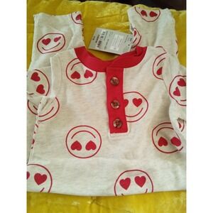 Old Navy Baby Henley Romper 6 Months Oatmeal Heather Red Heart Smiley Face NWT